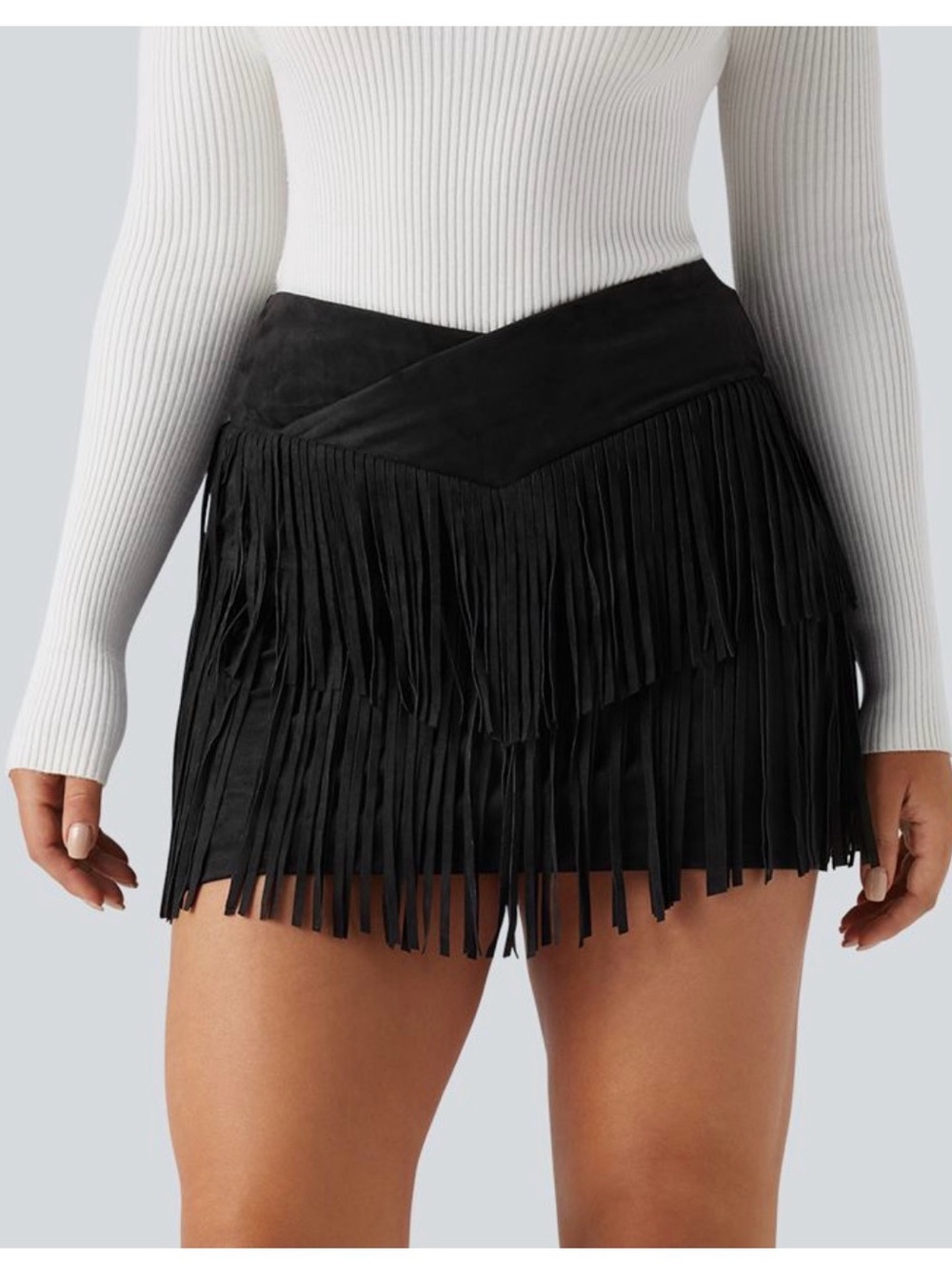 HALARA - Crossover High Waisted 2-in-1 Fringe Hem Bodycon Mini Suede Party Skirt